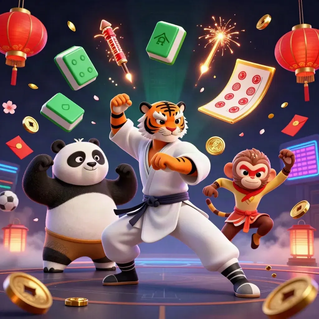 Kung-fu tiger, panda, and monkey amid casino props, gold coins, lanterns, and neon fog.