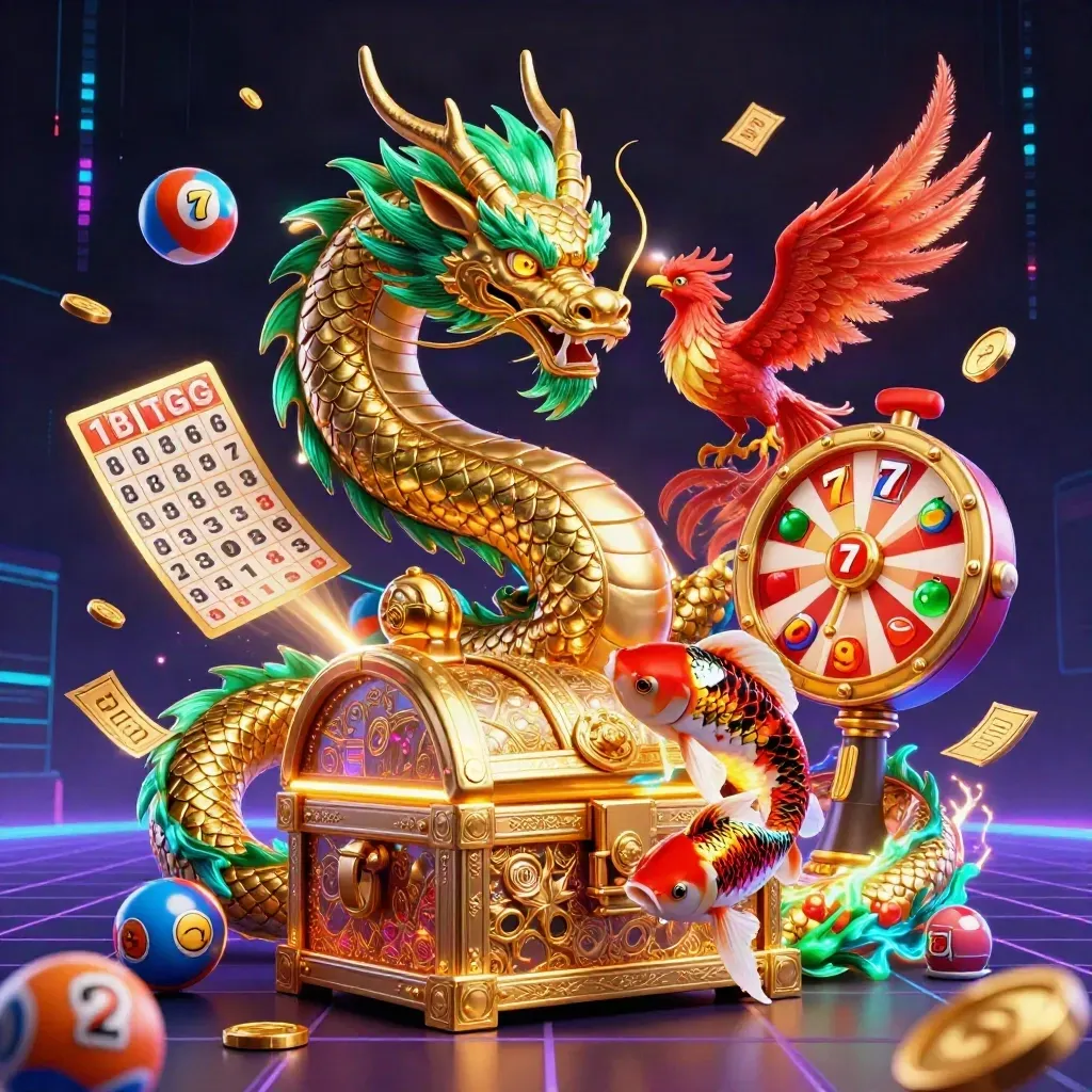 Golden dragon, phoenix and koi explode with casino symbols and neon energy.