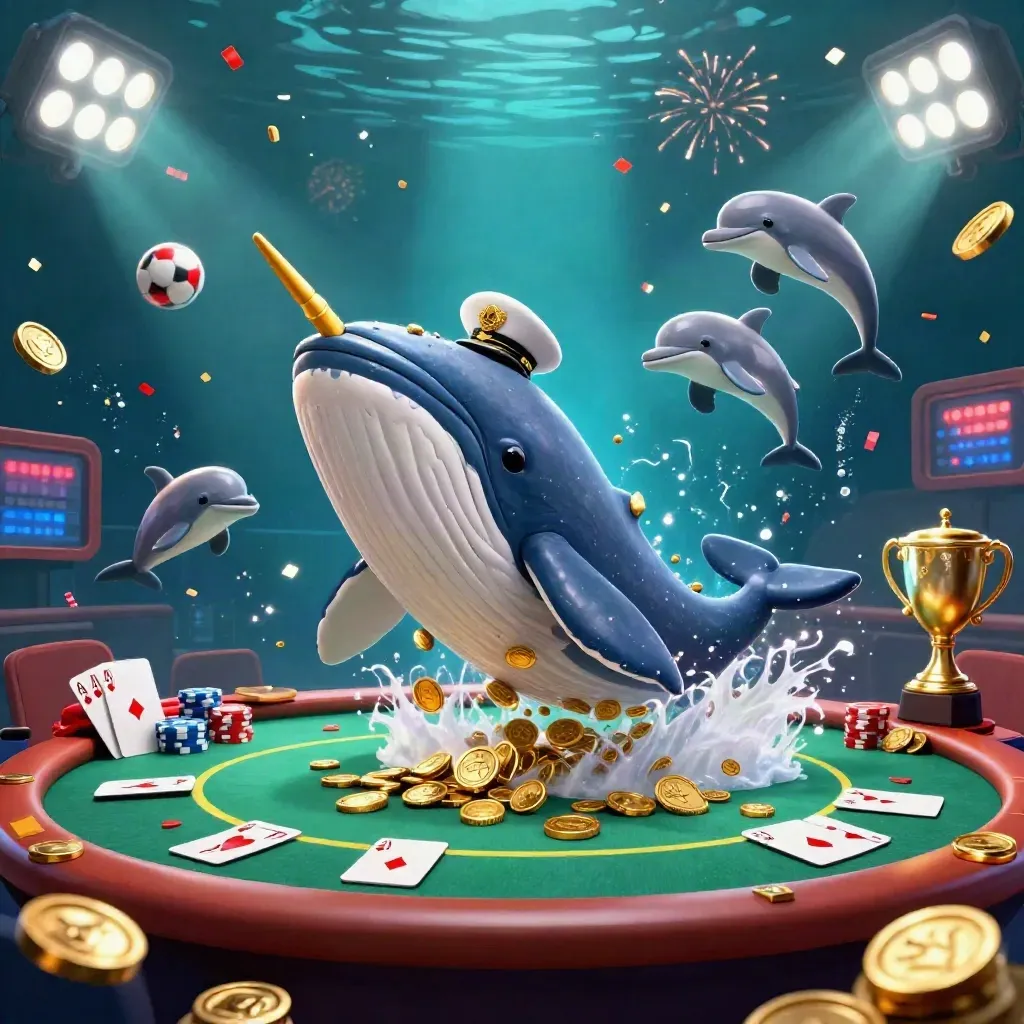 Whale captain, narwhal and dolphins burst through coins with poker props and fireworks.
