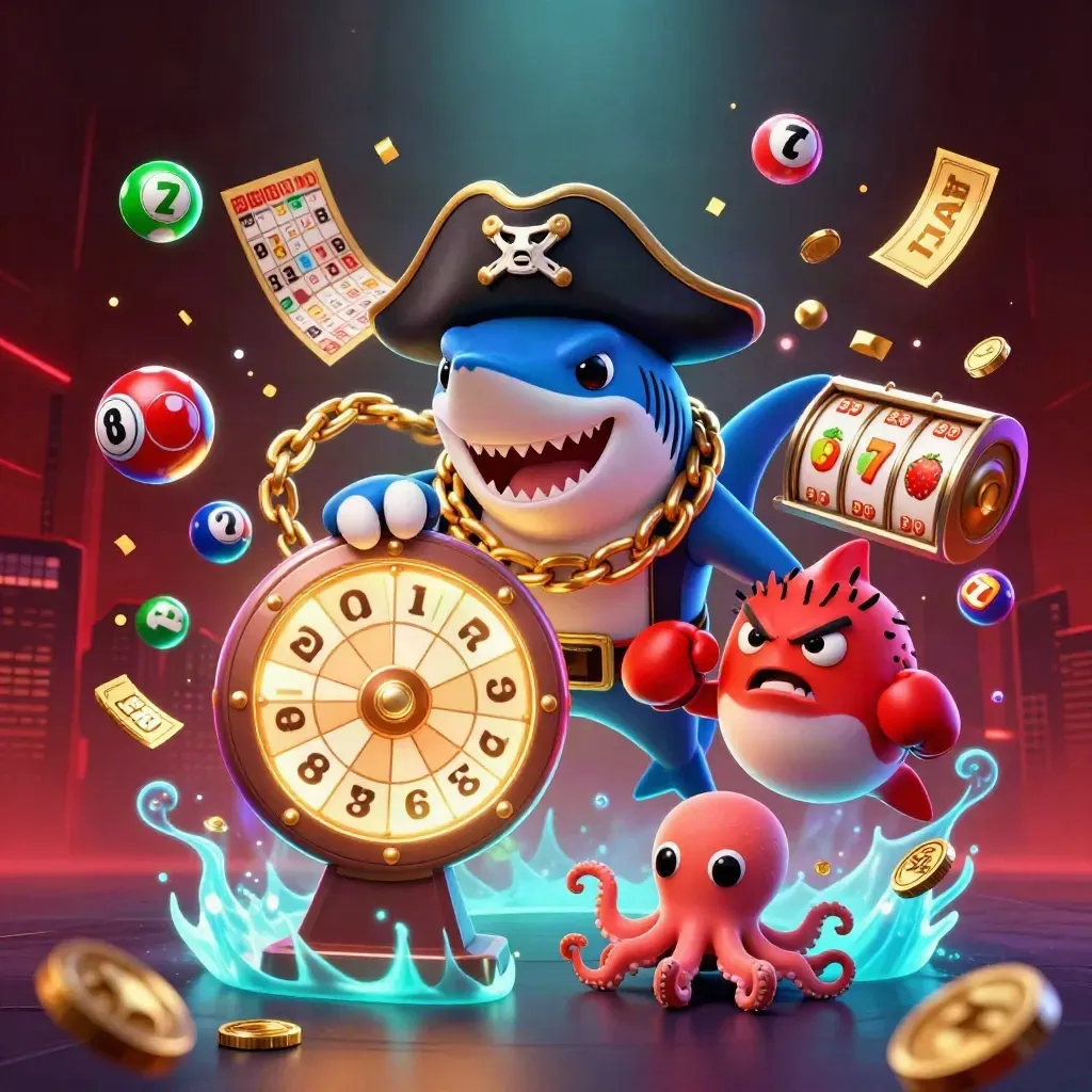 Pirate shark, boxing pufferfish and coin-juggling octopus amid casino reels and glowing balls.