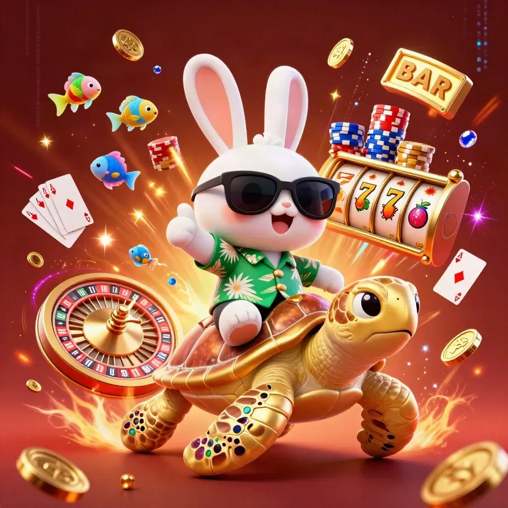 Lucky rabbit rides a golden gem-turtle amid coins, chips, cards, reels and neon casino energy
