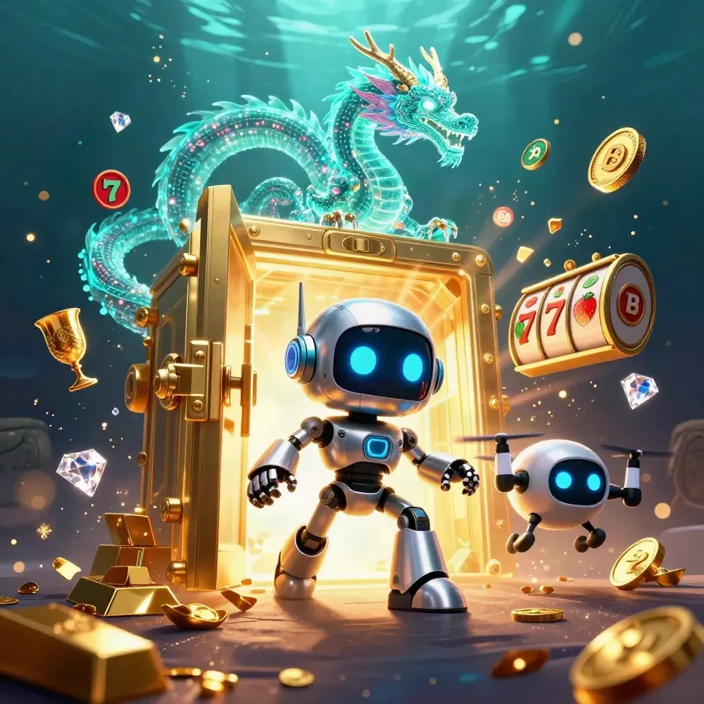 Cyberpunk robot, holographic dragon, and coin drone bursting from a glowing vault in a dark casino scene.